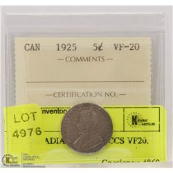 1925 CANADIAN 5 CENT ICCS VF20.