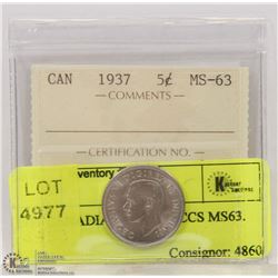 1937 CANADIAN 5 CENT ICCS MS63.