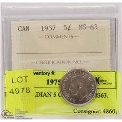 1937 CANADIAN 5 CENT ICCS MS63.