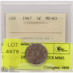 1947 CANADIAN 5 CENT ICCS MS63.