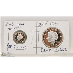 2003- 1/10 OZ AND 2005- 1/2 OZ SILVER COINS.