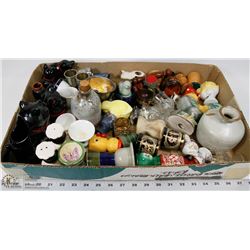 FLAT OF VINTAGE SALT SHAKERS/EGG CUPS/ORNAMENTS