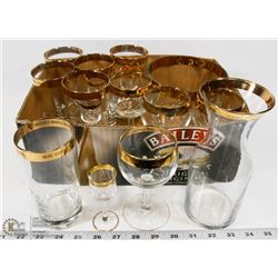 14 GLASSES/ ICE BUCKET & VASE - ALL WITH GOLD