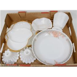 BOX OF VINTAGE MILK GLASS DISHES AND MORE