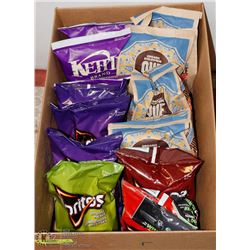 BOX OF ASSORTED POTATO CHIPS INCL DORITOS, KETTLE