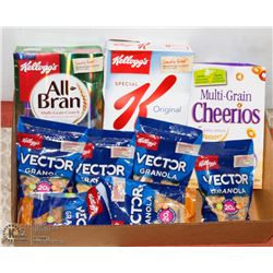 FLAT OF ASSORTED CEREALS INCL KELLOGS & VECTOR