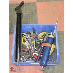 BLUE BIN OF ASSORTED HAND TOOLS & SHOP SUPPLIES