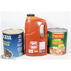 LOT OF RESTAURANT SIZE TOMATO SAUCE, SLICED BLACK