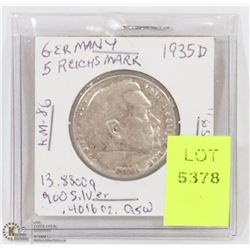 1935 GERMAN SILVER 5 REICHS MARK COIN