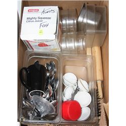 BOX OF KITCHEN UTENSILS, INSERTS, ROLLING PINS +
