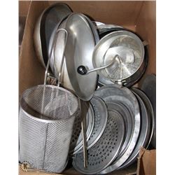 BOX OF ASSORTED KITCHEN FRYING PANS, FRYING