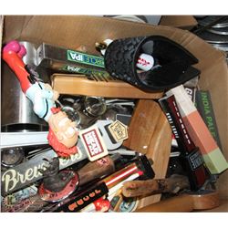 BOX OF ASSORTED GLASSWARE & KEG TAPS