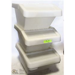 3 STACKABLE BINS WITH LIDS. HOUSEHOLD