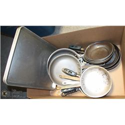 LARGE BOX OF FRYING PANS & TRAYS