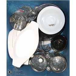 TOTE OF MUGS & PLATES + ASSORTED KITCHEN ITEMS