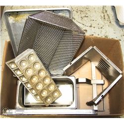 ASSORTED KITCHEN ITEMS: PANS, WIRE BASKET + MORE