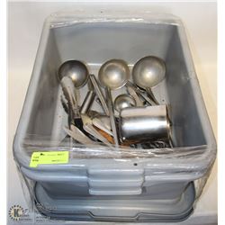 VARIOUS KITCHEN UTENSILS + TUBS W/ LIDS