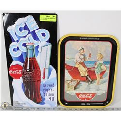 VINTAGE 1980S COKE MEMORABILIA SIGN AND TRAY