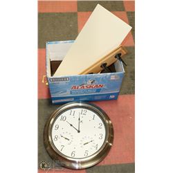 XL CLOCK WITH FLOATING SHELF AND COAT RACK.