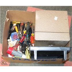MASSIVE BOX OF TOOLS , PAINT SUPPLIES , EXT CORD,