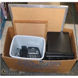 OFFICE SUPPLIES INCL. PHONE, CORK BOARD, FILE BOX