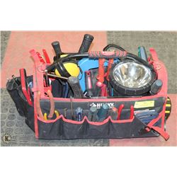 RED /BLACK HUSKY TOOL BAG WITH LIGHT AND TOOLS