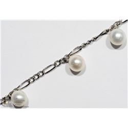 11) 10KT WHITE GOLD PEARL FIGARO LINK BRACELET