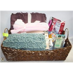 BASKET OF BEAUTY AIDS,WET BRUSH,THROW BLANKET &