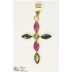 29) 18KT Y. GOLD SAPPHIRE & RUBY CROSS PENDANT