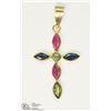 Image 1 : 29) 18KT Y. GOLD SAPPHIRE & RUBY CROSS PENDANT
