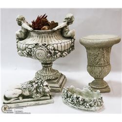 4 PIECE HEAVY CONCRETE DÉCOR ITEMS LION, DISH,