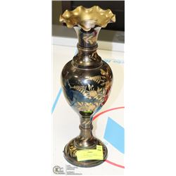 BLACK AND BRASS 15 INCHES TALL ETCHED VASE WITH