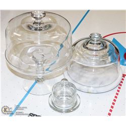 3 COVERED CLEAR GLASS TABLE DISHES -  BUTTER