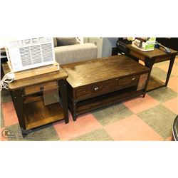 WOOD AND METAL COFFEE AND 2 MATCHING END TABLES
