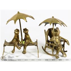 PAIR OF BRASS FROGS WITH UMBRELLAS
