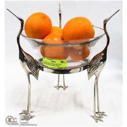 3 STAINLESS ENGRAVED TALL CRANES FRUIT BOWL WITH