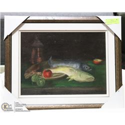 OIL ON BOARD FRAMED FISH DINNER PICTURE.
