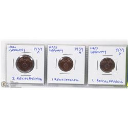 3 - NAZI GERMANY REICHSPFENNIG COINS.
