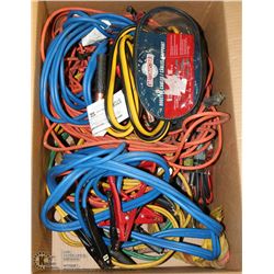 LARGE BOX WITH ASSORTED BOOSTER CABLES, TOW ROPE