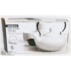 STOKES PORCELAIN TEA SET-KETTLE & 4 CUPS