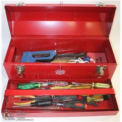 RED METAL TOOL BOX WITH CONTENTS