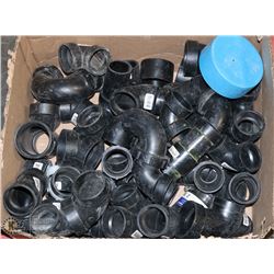 BOX OF PVC PLUMBING CONNECTORS, ELBOWS ETC