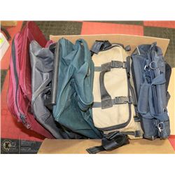 LARGE BOX WITH ASSORTED TOOL BAGS, BELTS, DUFFEL