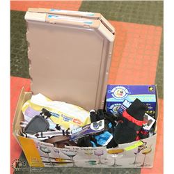 BOX OF DOG ACCESSORIES.