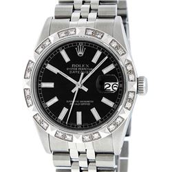 Rolex Mens Satinless Steel Black Index Pyramid Diamond Datejust Wristwatch
