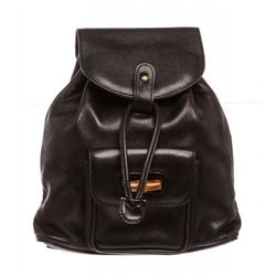 Gucci Black Leather Drawstring Bamboo Mini Backpack