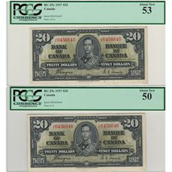 Canada 1937 $20 Banknote 2 in Sequence PCGS AU50 & AU53