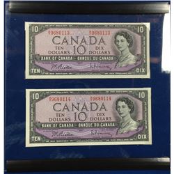 Canada 1954 $10 Banknotes. 2 in Sequence in Plastic Display