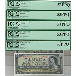 Canada 1954 $20 Banknote 5 in Sequence PCGS AU53 PPQ