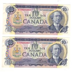 Canada 1971 $10 Banknotes (2 in Sequence)